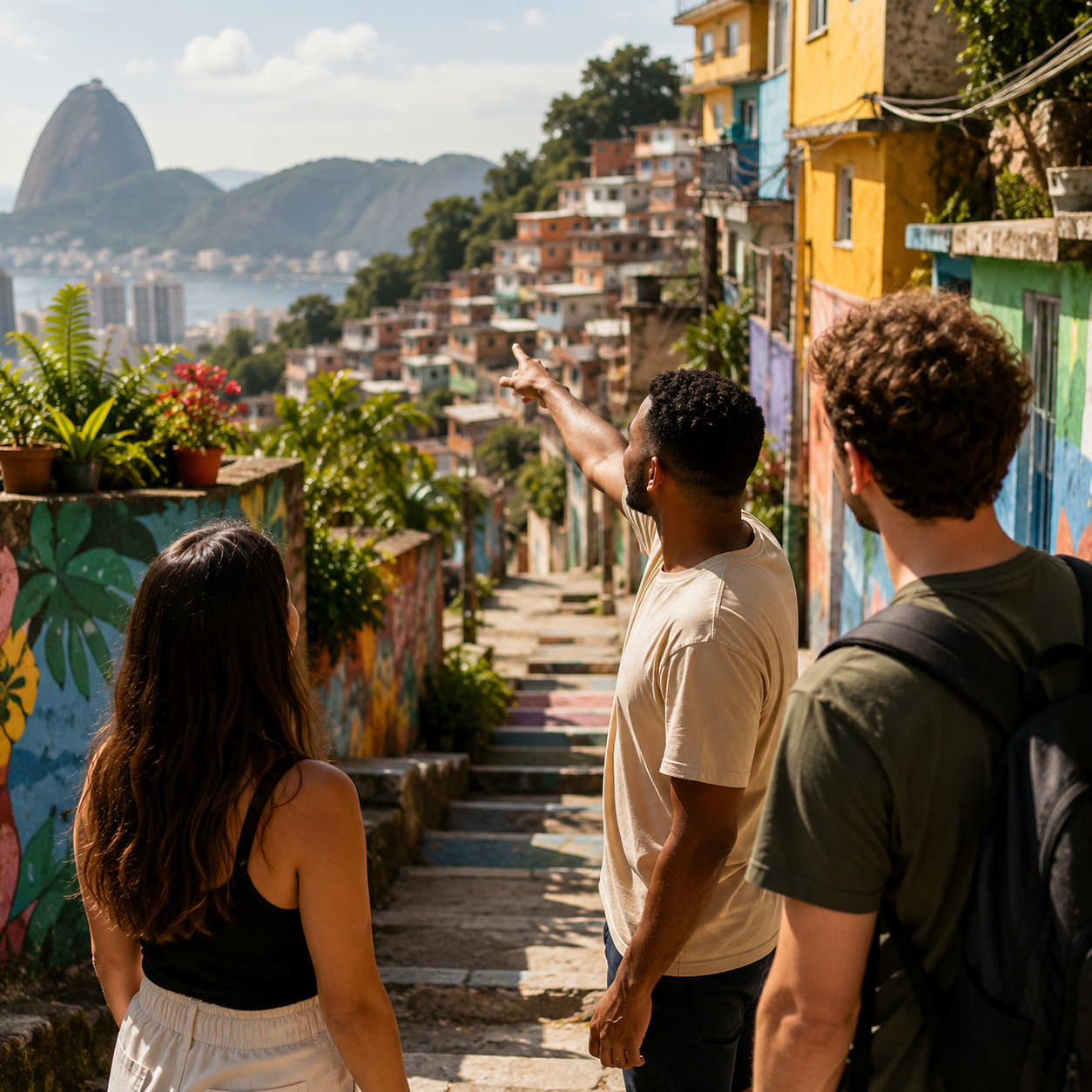 Guia nativo mostrando a vista do Rio para turistas na Favela Santa Marta